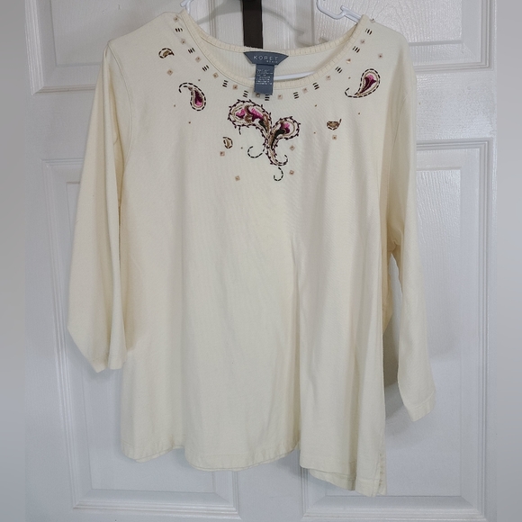 Koret Women's Quarter Sleeve Beadwork Blouse, Size: 1X Color: Cream - Picture 3 of 14
